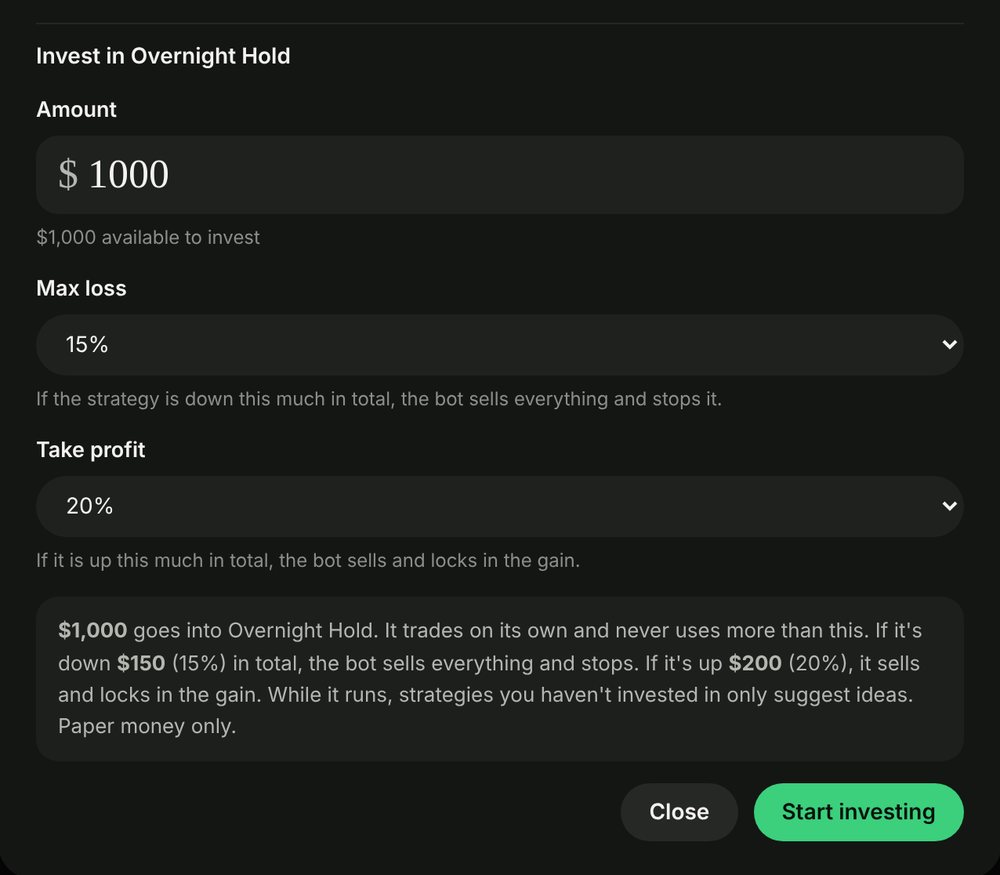 The Invest sheet with an amount, a max loss and a take-profit target