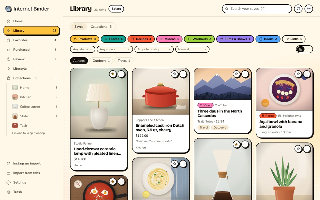 The Internet Binder library: products, places, recipes, videos and books as cards, with a filter for each kind