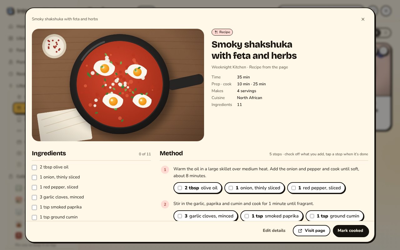 A saved shakshuka recipe: the ingredients checklist, and each step listing the ingredients it uses