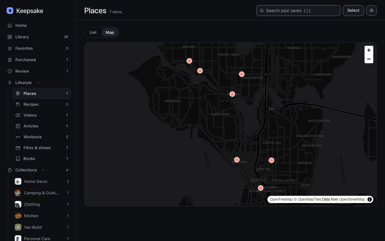 Places, drawn on a map