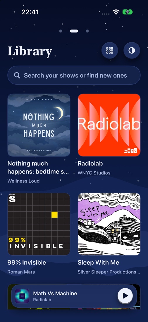 The NightCast Library in the Midnight theme, with a search bar under the title