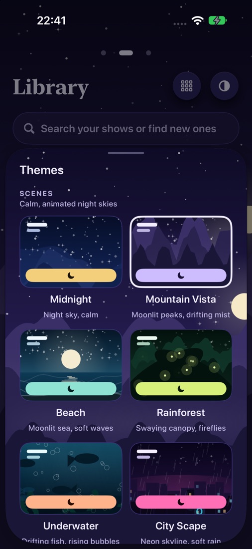 The Themes sheet over the Mountain Vista scene, showing the six scenes