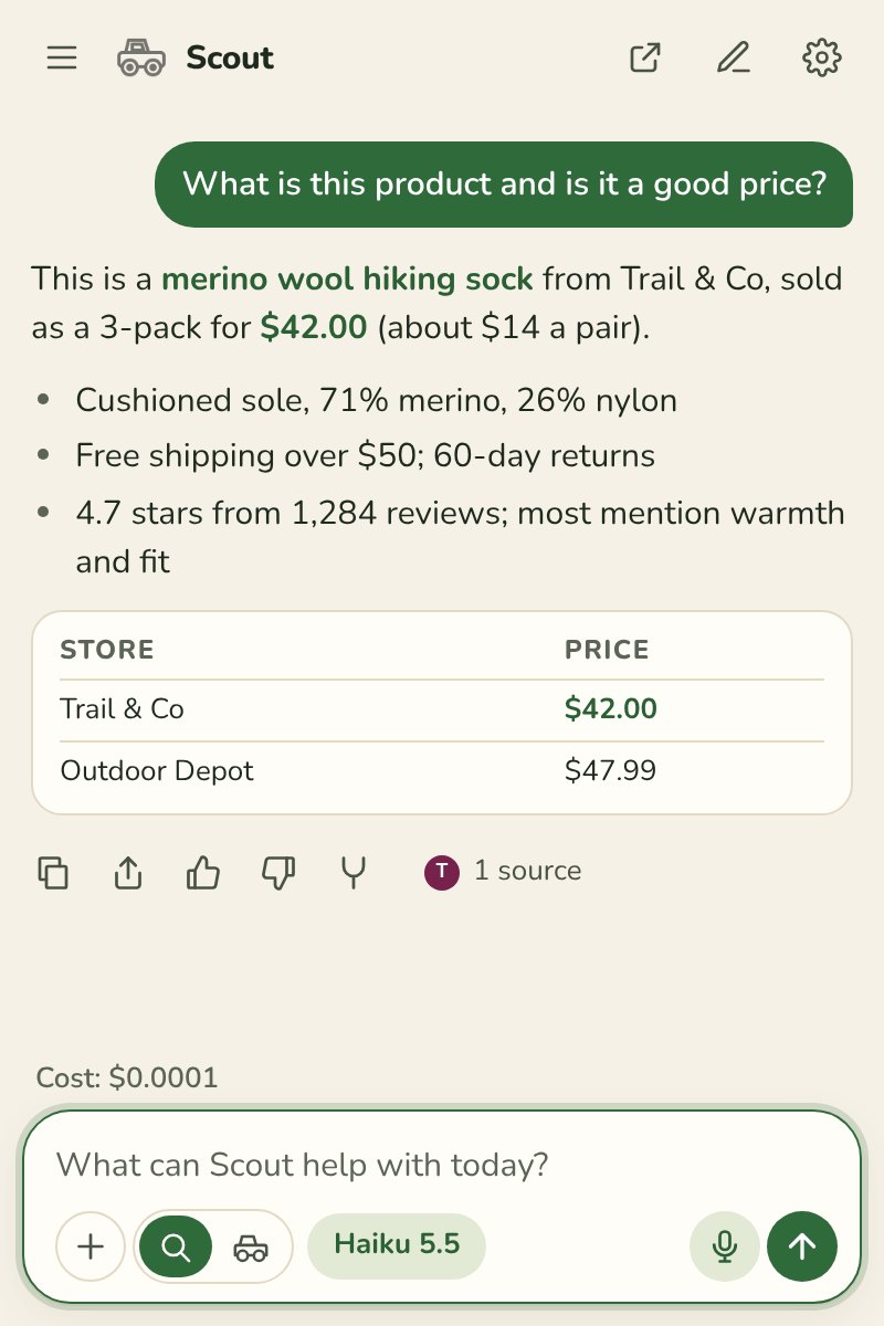 Scout answering "What is this product and is it a good price?" about a 3-pack of merino hiking socks, with a price table from two stores