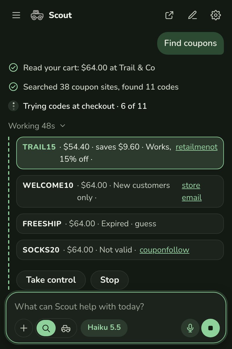Find coupons at work: it read the cart, searched 38 coupon sites, and found TRAIL15 saves $9.60