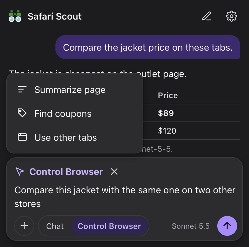 The Scout menu: Summarize page, Find coupons, Use other tabs