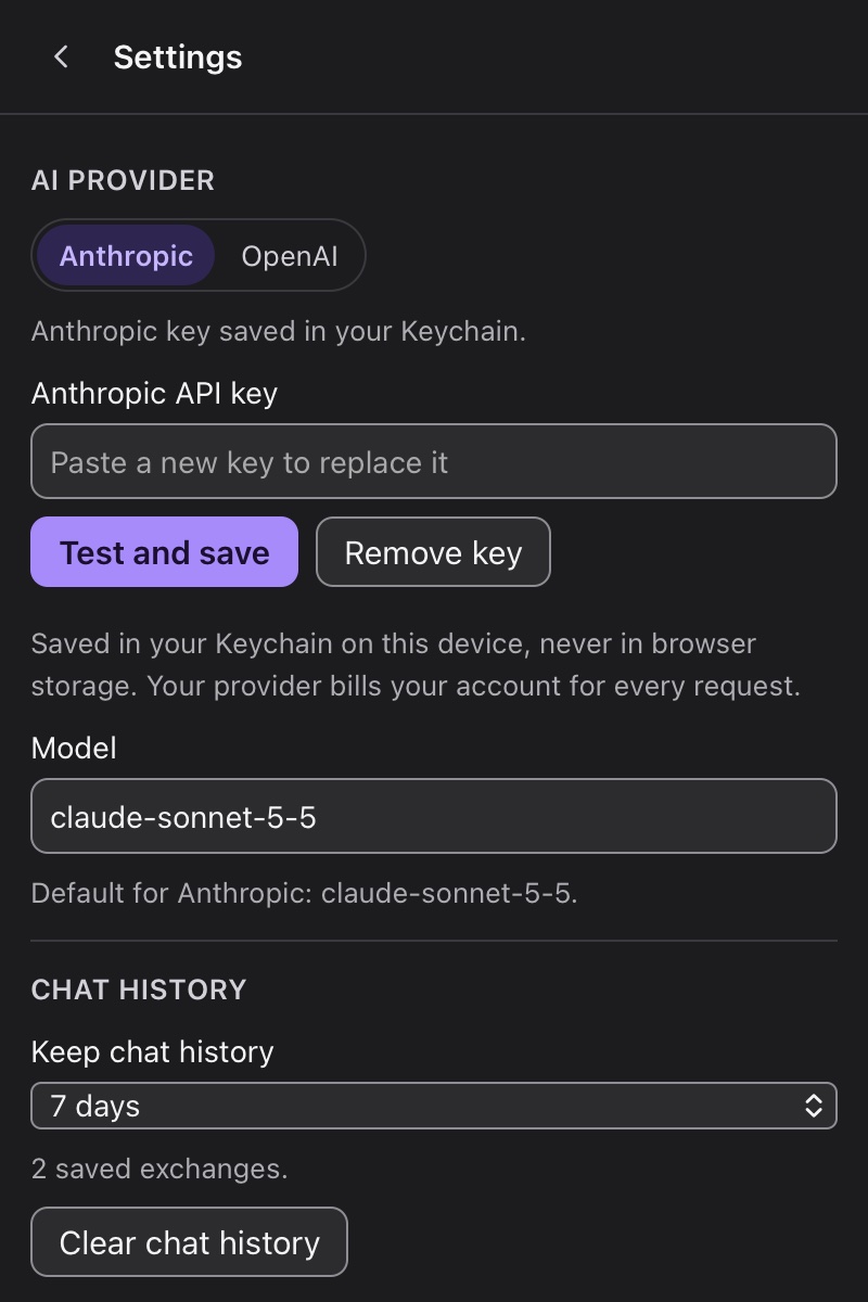 Settings: pick Anthropic or OpenAI and paste your key