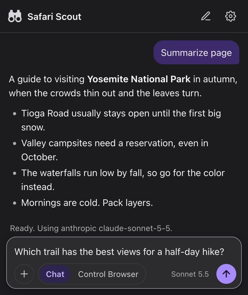 Scout for Safari summarizing a Yosemite travel guide