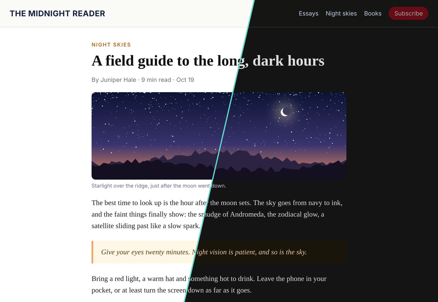 A bright white article page split in two: the left half as the site made it, the right half dark with Sunglasses at Night