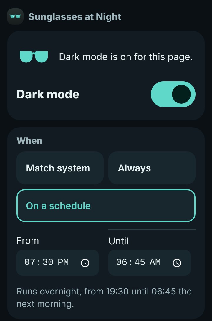 The Sunglasses at Night popup: dark mode on for this page, set to run on a schedule from 7:30 PM until 6:45 AM