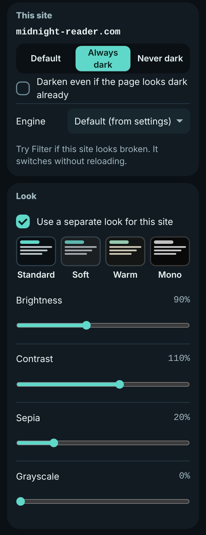 This site settings for midnight-reader.com: always dark, with its own look at 90% brightness, 110% contrast and 20% sepia