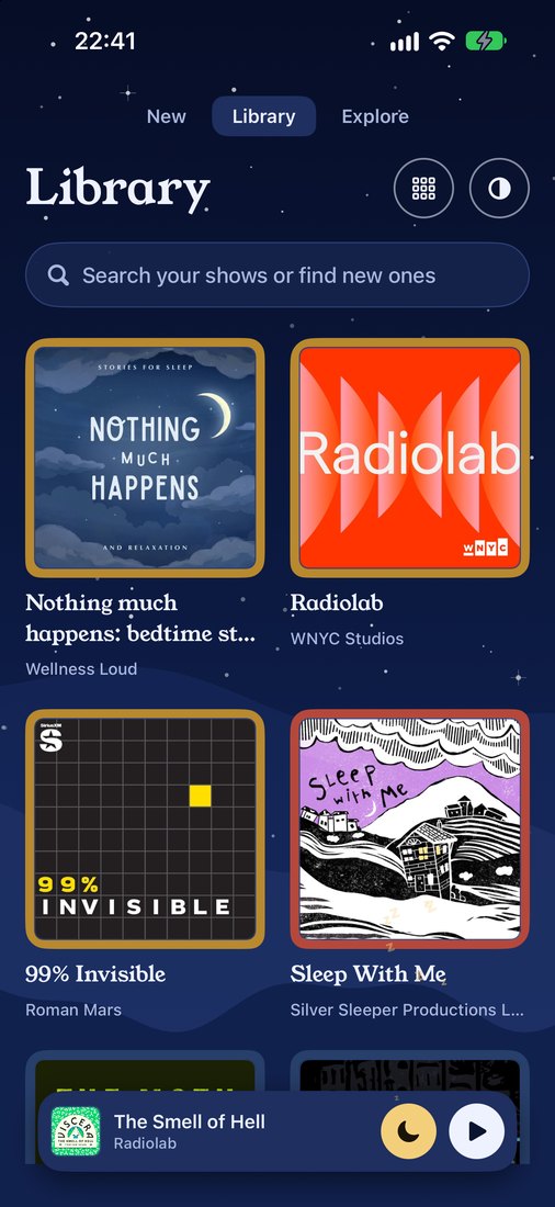 The YawnCast Library in the Midnight theme, with the mini player and its Moon button lit