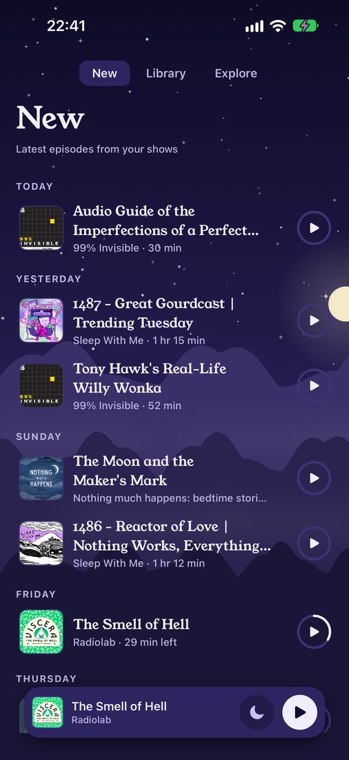 The New page in the Mountain Vista scene, listing the latest episodes by day