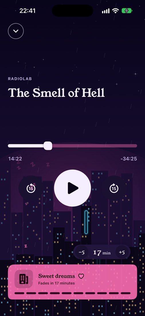 Now Playing in the City Scape theme with Sleep on, fading in 17 minutes, and the five-minute buttons